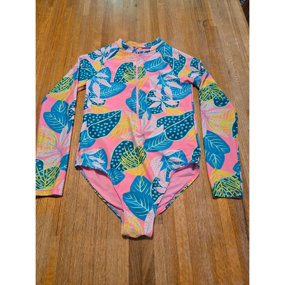 Girls 10 Floral Tropical Long Sleeve One Piece Rash Guard Zip Front Swimsuit‎